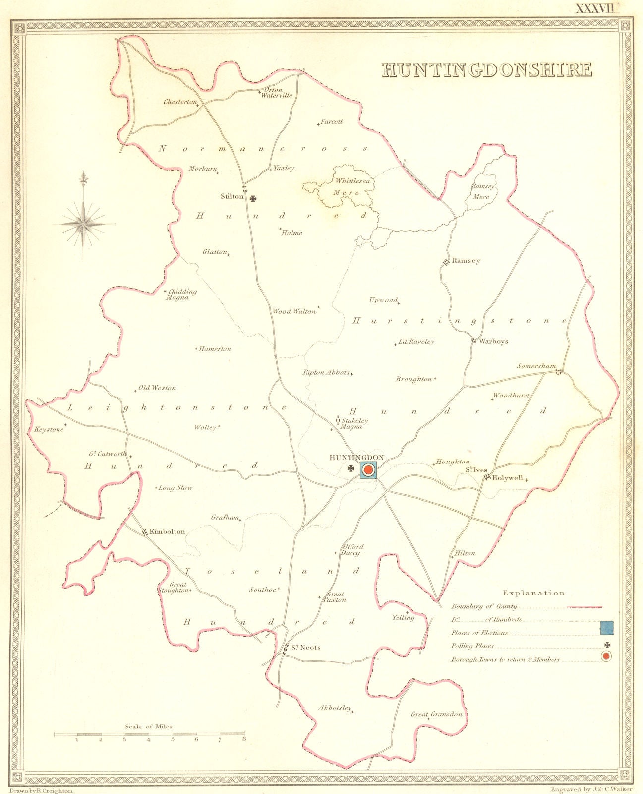 HUNTS. Huntingdonshire. Creighton Walker 1837 old antique map plan chart